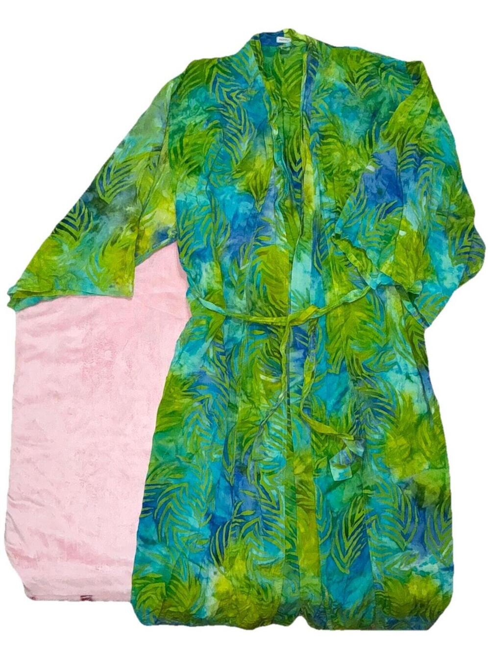 Novica Kimono Robe Green Blue Palm Leaves Unisex Lounge Spa Cover Belt